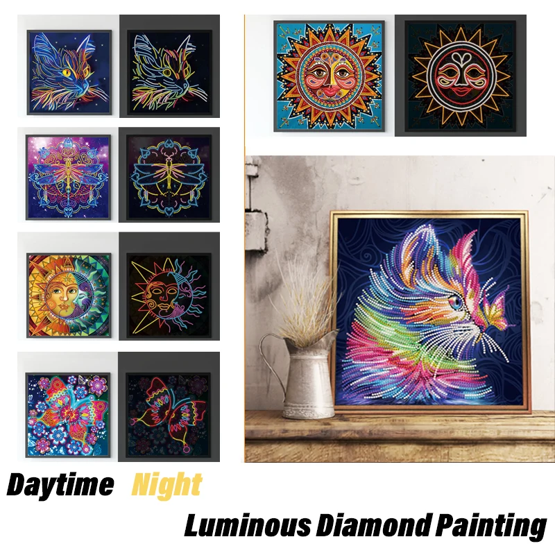 Śliczna noc z krzyżem zwierzęcym 5D diamentowy zestaw, DIY świecący diamentowy obraz wiszący obraz, nocna dekoracja z koralików