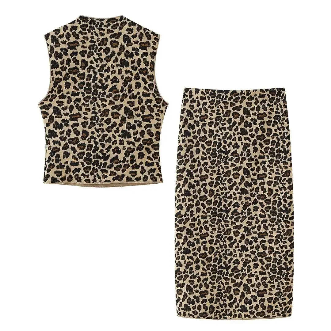 Traje de 2 piezas para mujer, Chaleco de punto elástico con estampado Animal, blusa Retro sin mangas y falda ajustada, novedad de 2024