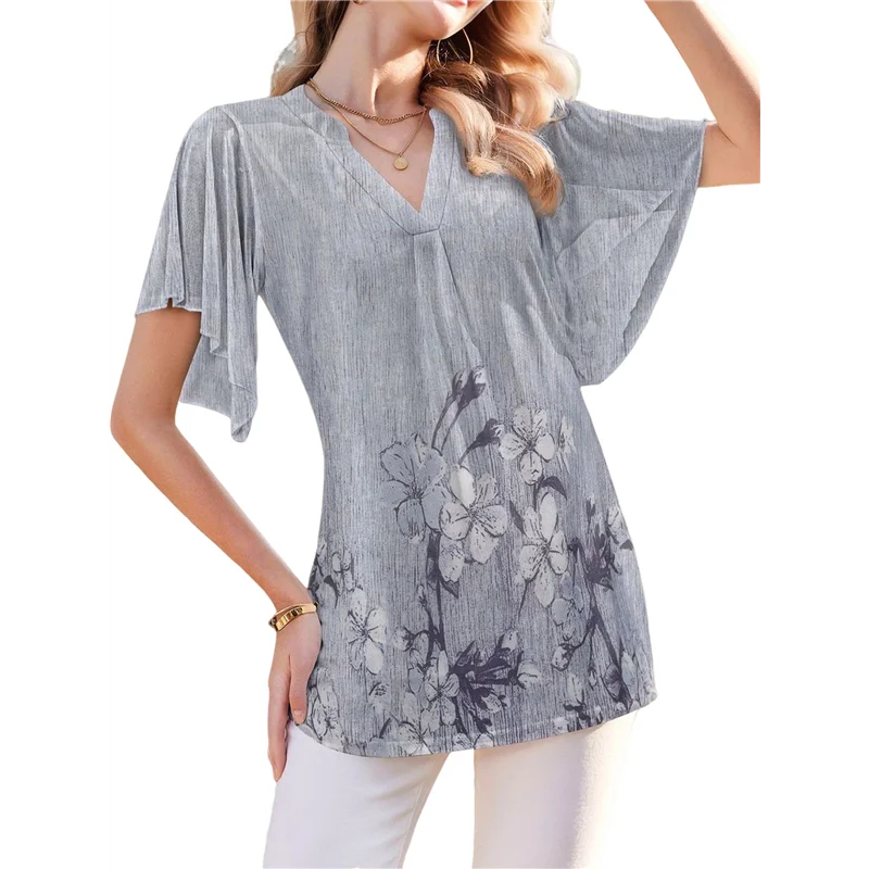 

ABP-Женские блузки с коротким рукавом и V-образным вырезом, рубашки, двухслойные сетчатые туники с цветочным принтом, топы