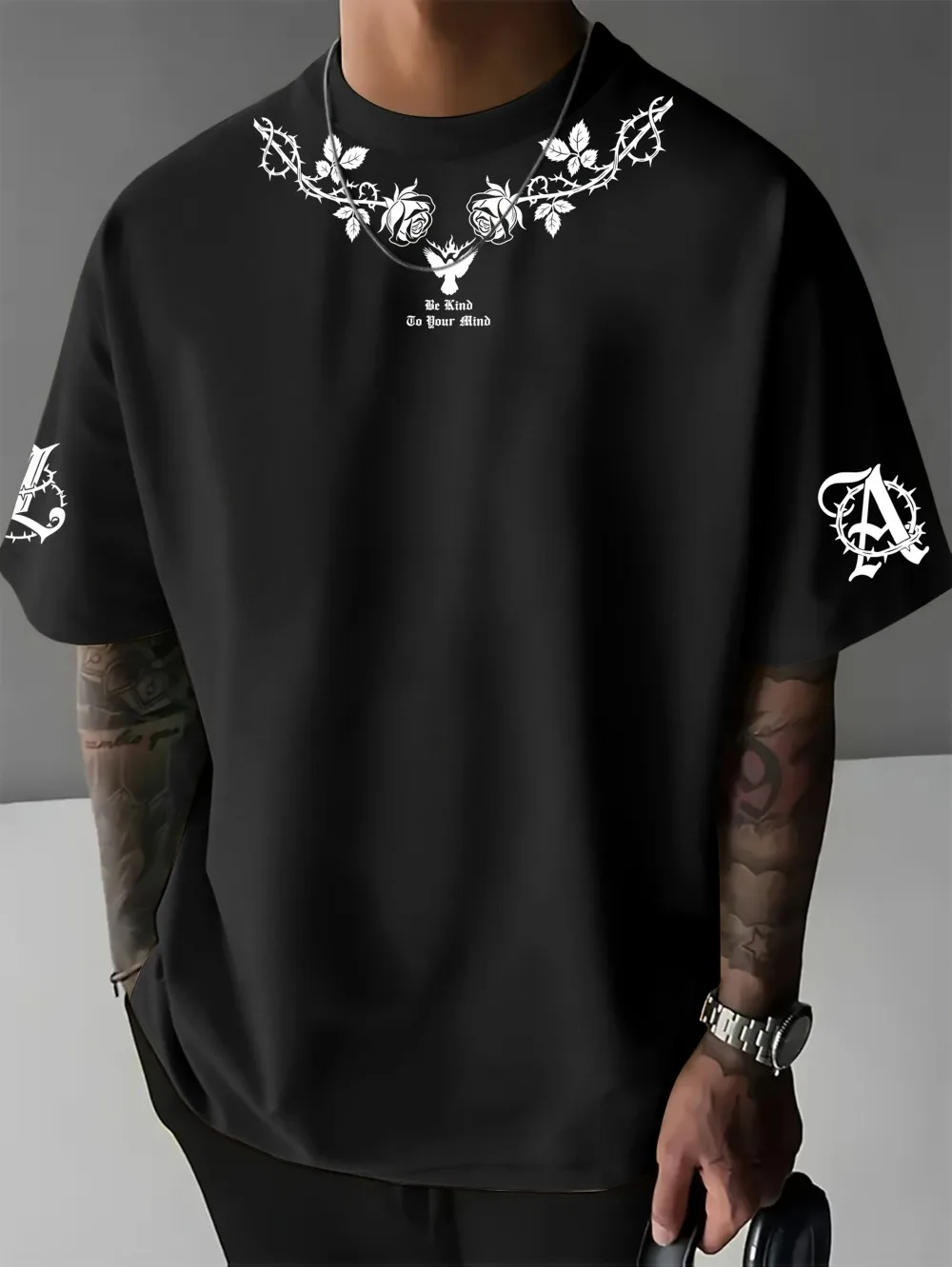 Hot selling American men's summer Gothic rose thorn bird print micro elastic breathable round neck T-shirt outdoor casual top