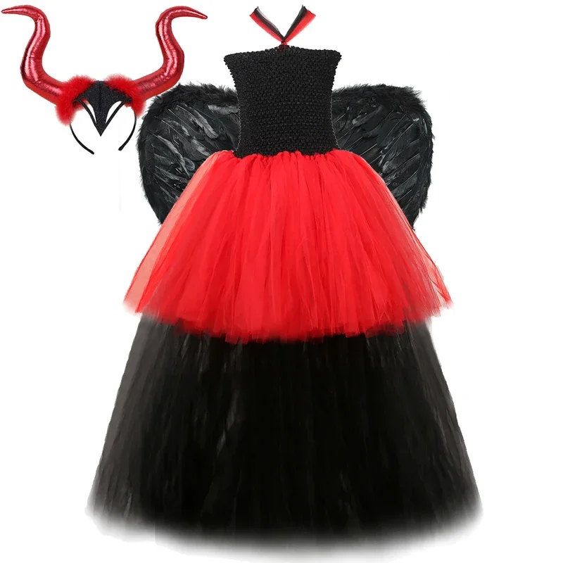 UU9 Длинные костюмы с высоким и низким дьяволом ангела для девочек, нарядные платья на Хэллоуин с королевой злой ведьмы для детей, красная, черная пачка со шлейфом O¥wE4