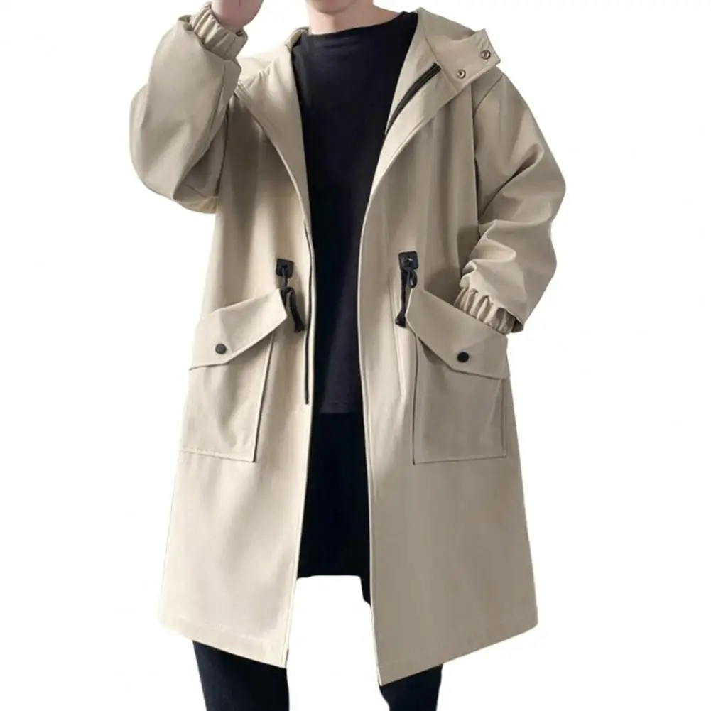 

Zippered Long-sleeve Coat for Men Streetwear Men's Trench Coat with Hood Mid-length Big Pockets Windproof Anti-wrinkle Zipper