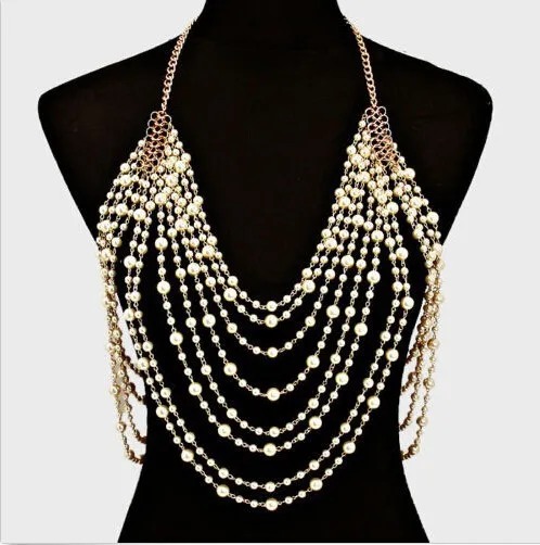 

2024 Bohemian Pearl Necklace Bridal shoulder chain Wear Bridal Bridesmaids jewelry Multi-layer necklace Accessorize with pearls