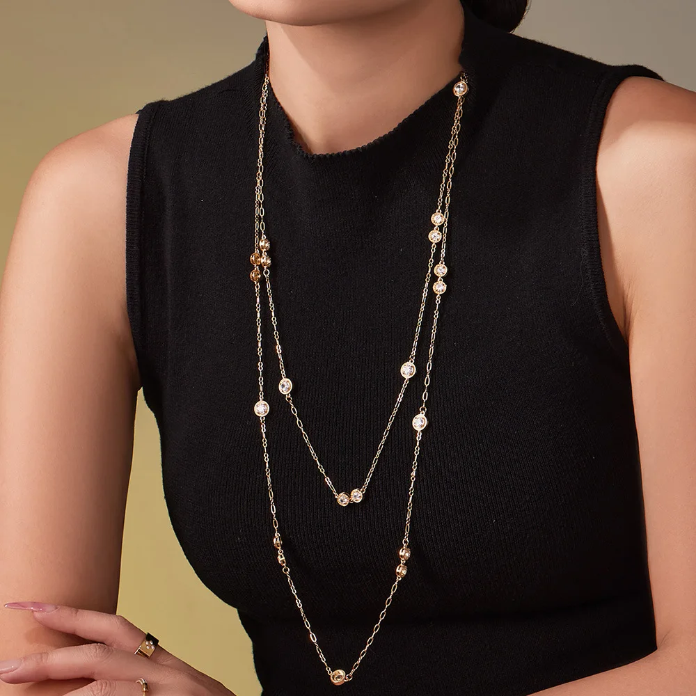 Ars 80cm Stainless Steel Multi Zircon Necklace Women’s 18k Gold Plated Long Chain Necklaces Minimalist Everyday Sweater Chains