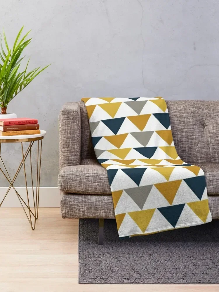 Arrows: Light Mustard Yellow, Dark Mustard Yellow, Dark Blue, Grey, and White Geometric Pattern Throw Blanket bed plaid Blankets