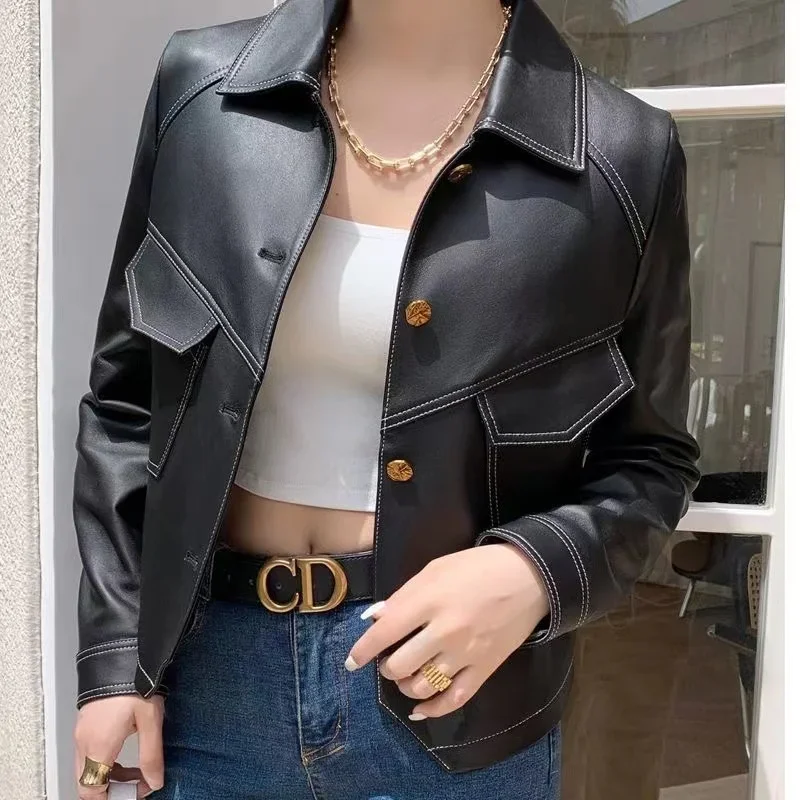 Jas Dames Herfst/Winter Explosies PU Leren Jas Nieuwe Dames Westerse Stijl Korte Denim Revers Uitloper Mode Trend Tops L212