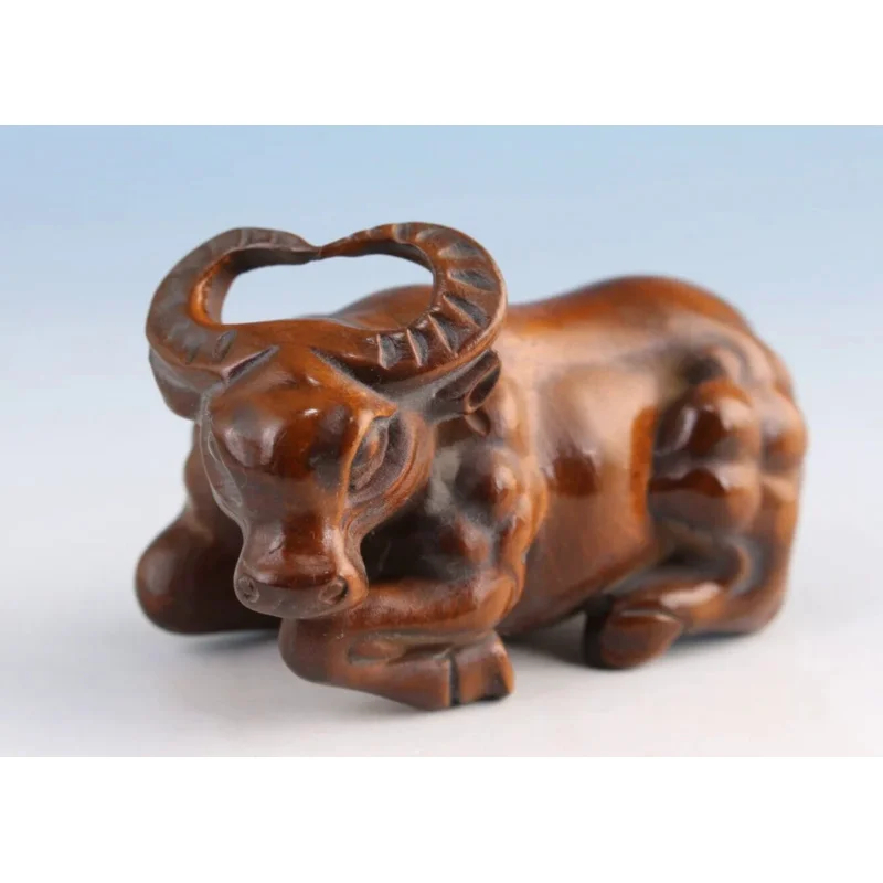 

Chinese Rare Boxwood Hand Carved Ox Cow Statue Netsuke Figure Hand Piece Gift