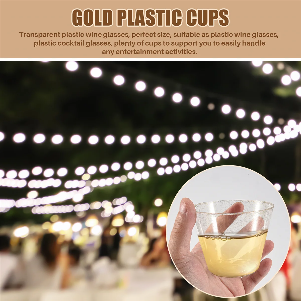 Gold Plastic Cups Clear Plastic Wine Glasses, Fancy Disposable Hard Plastic Cups with Gold Glitter for Party Cups 25Pcs HGC