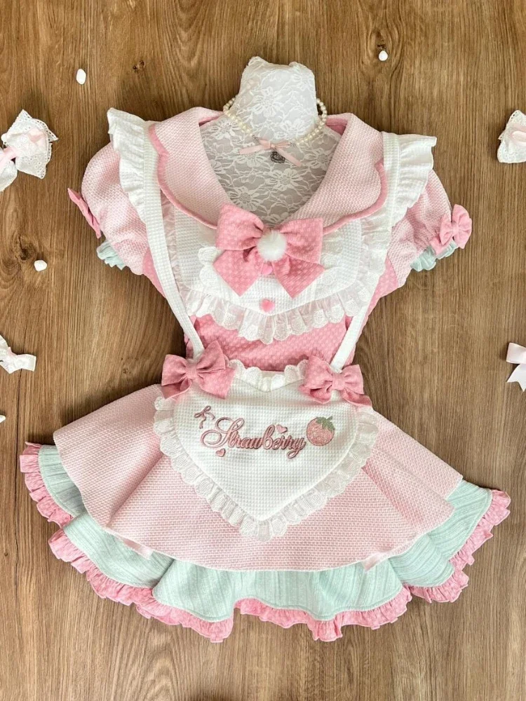 صيف جديد الحلو نمط Preppy 3 قطعة مجموعة المرأة عادية أكمام القوس تصميم القمم + سترة ضئيلة + Y2k تنورة صغيرة الموضة اليابانية