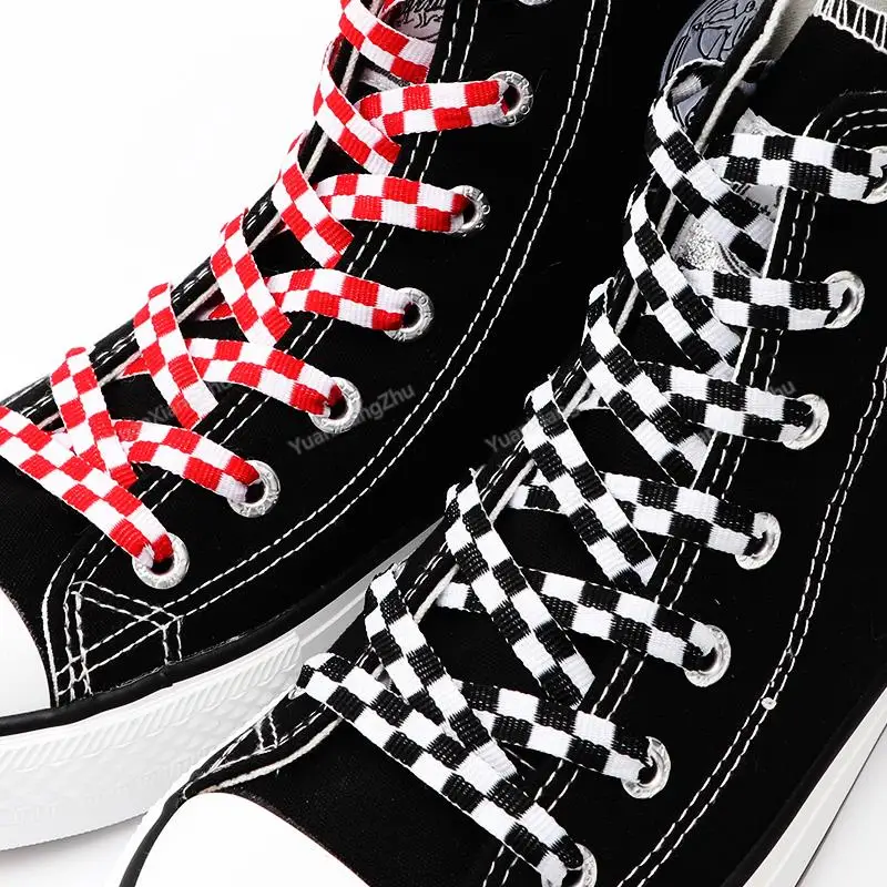 1Pair Black White Plaid Shoelaces Sneakers Laces Fabric Canvas Shoe laces Flat Shoelace Shoes Strings 100/120/140/160/180cm