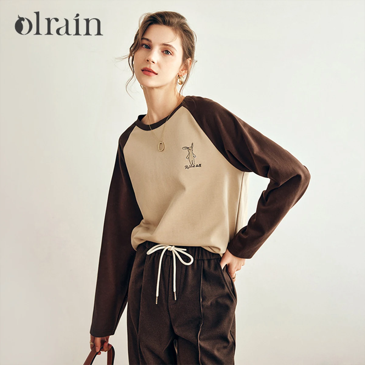 

OLrain Women's Contrast Color T-shirts Vintage Cartoon Embroider Knit Tops Spring 2026 Loose Fit Patchwork Lady Tees O57DT68165