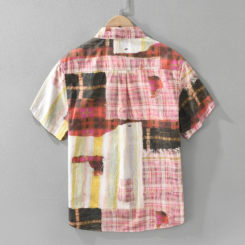 8188 Trendy Patchwork Print Short Sleeve Shirts for Men Casual Loose Fit Men Top  Camisas Mocassins Homme Été TS-009