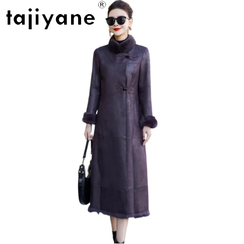 タジヤネ 本物のウサギの毛皮 レディース ロングコート ミンクファー襟付き 高級 スリム 冬用 女性用ジャケット 2025 女性服 レディース服