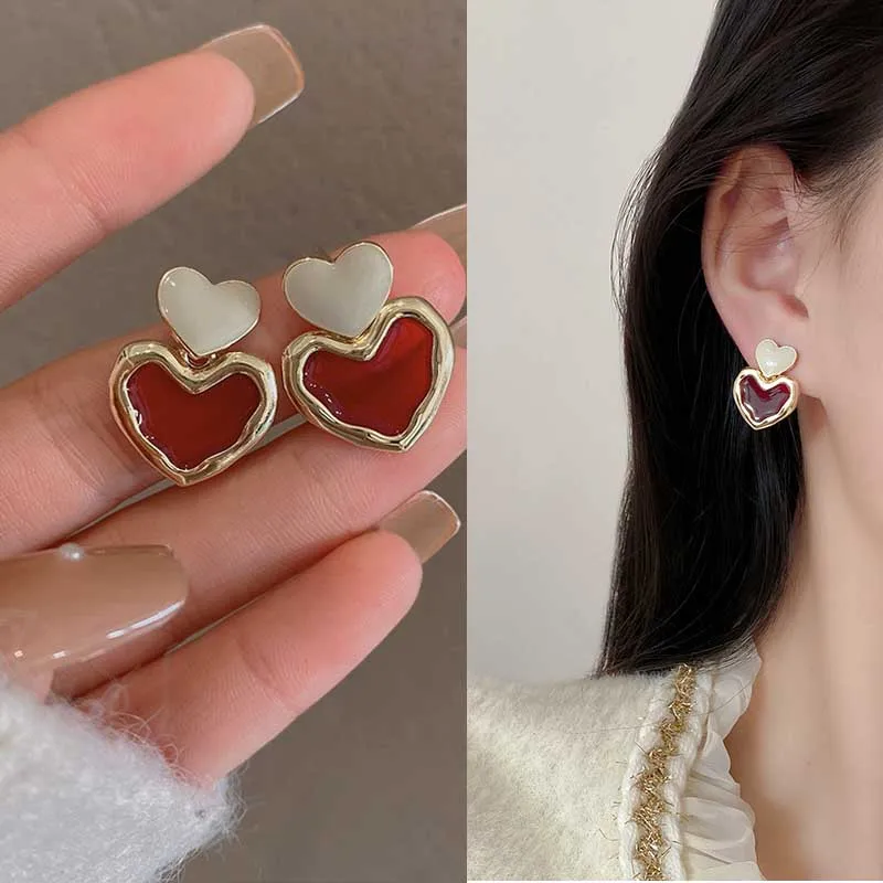 Red Heart Drop Earrings for Woman Korean Fashion Trendy Unusual Statement Earrings Party Girls Wedding Jewelry Accessories