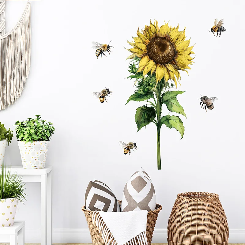 Sunflower Bee Wall Stickers Self Adhesive Cartoon Wall Decals Kids Bedroom Background Wall Home Decor