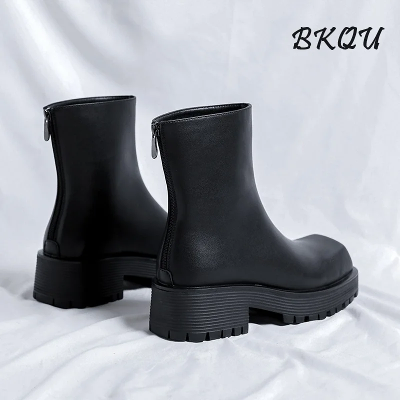 BKQU Wedge Square Sleeve Boots for Men Autumn/Winter 2024 Euro-American Style Platform Ankle Boots for Men Muffin Smoke Boots