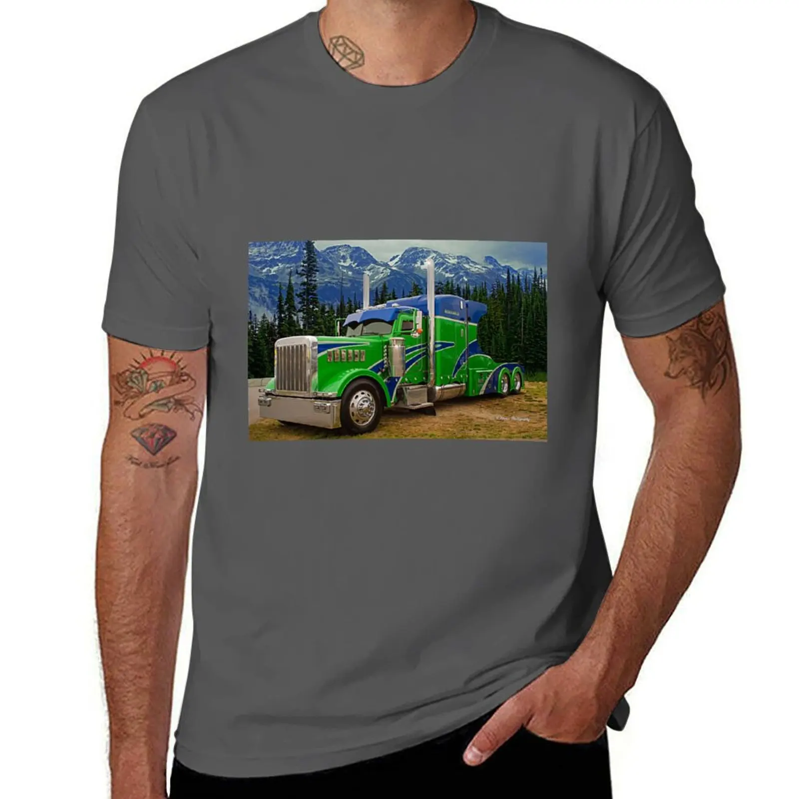 

Blue and Green Custom Peterbilt T-Shirt Simple Line Art Print Tee