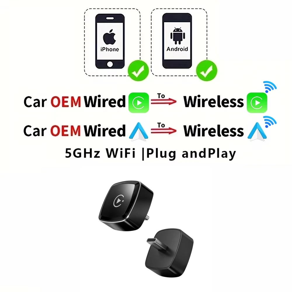 2-in-1 Bedrade naar Draadloze CarPlay Adapter Plug & Play Automatische Verbinding Converteert voor Auto's met Bedrade CarPlay & Android Type C