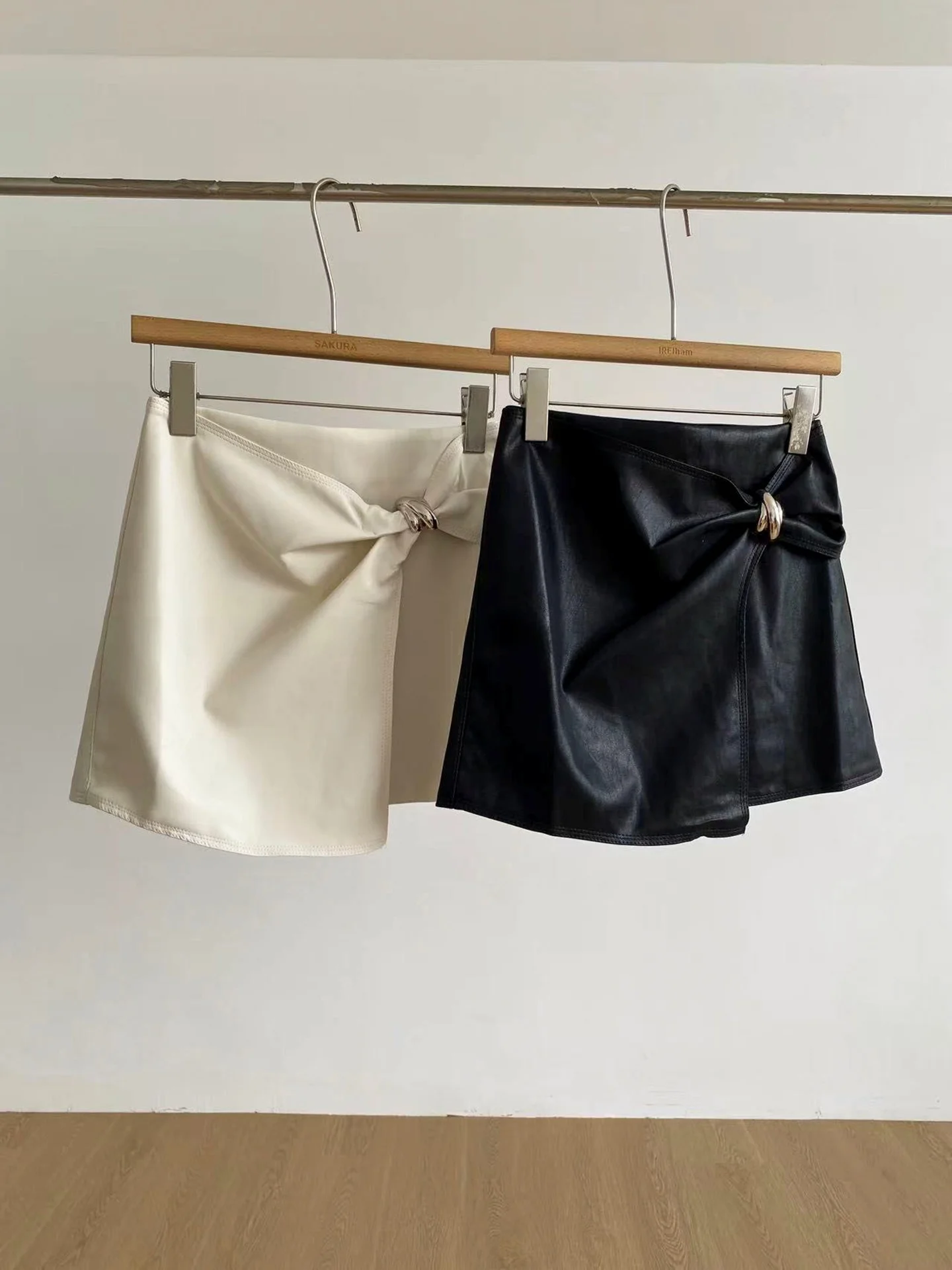 High Waist PU Leather  Skirt with Knot Twist Metal Ring Irregular Design Anti-Light A-Line Half Body Wrap Women's Skirt
