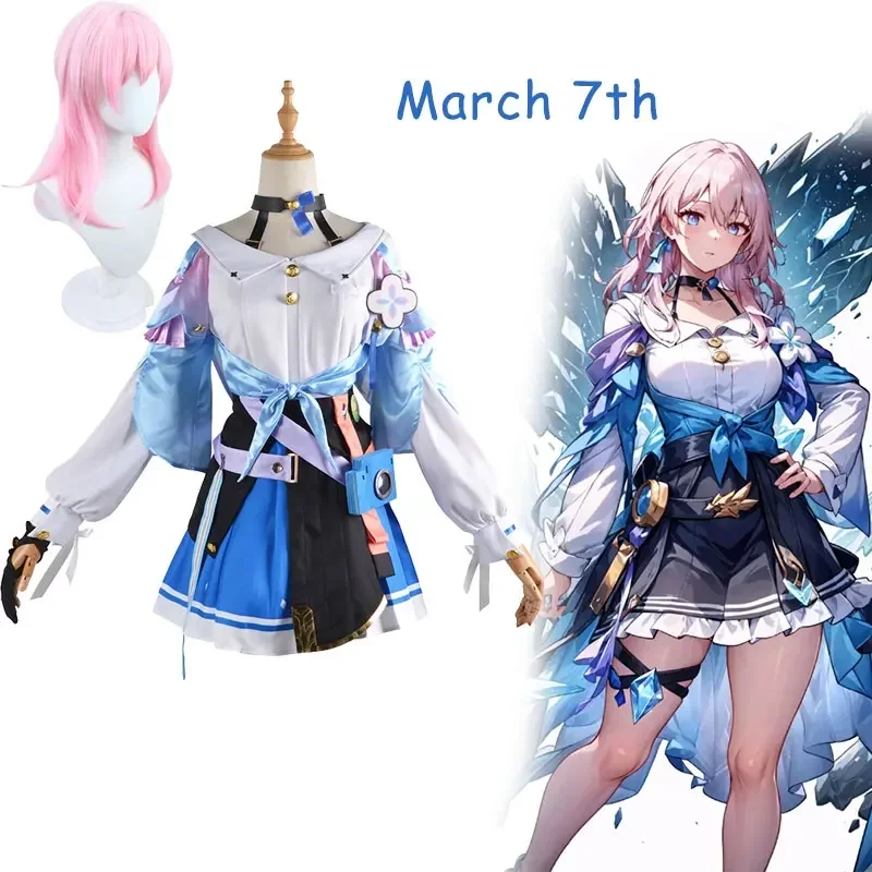 

Game Honkai: Star Rail 7th March Cosplay Costumes Cute Blue Women Dress Outfit Halloween Party Sailor Uniform Pink Wig set