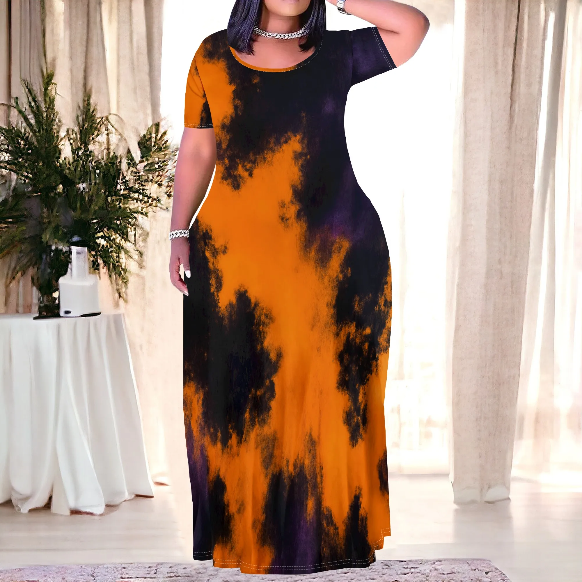 

XL-6XL Women's Halloween Tie-Dye Maxi Dress - Plus Size Casual Short Sleeve Round Neck Loose Fit Party Gown