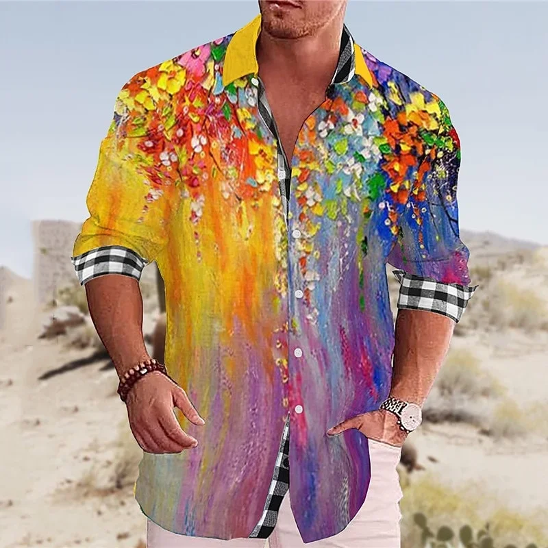 

Fashion men shirts floral hawaiian button down shirt long sleeves daily vacation autumn winter spring summer mens tops plus size