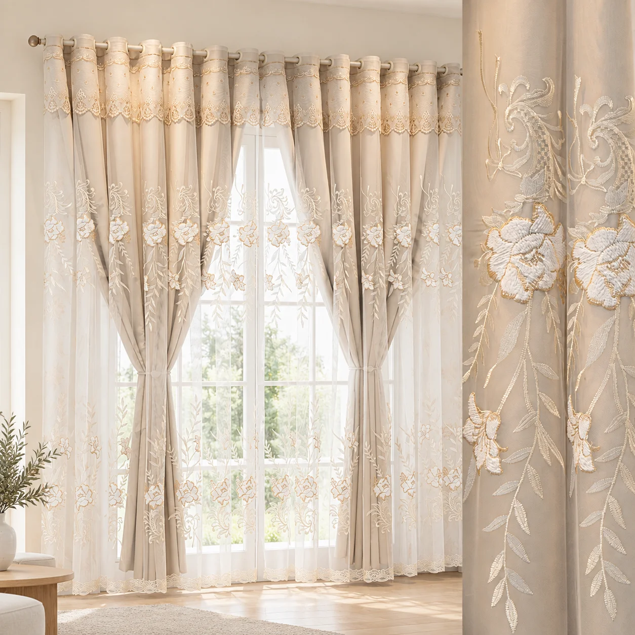 2 Panels Blackout Floral Luxury Palace Style Embroidered Curtain for Living Room, Bedroom, Villa, Elegant European Curtain with Sheer Voile And Valance Decor Dining Room, Party, Holiday Home Decor, Bringing A Luxurious Feel