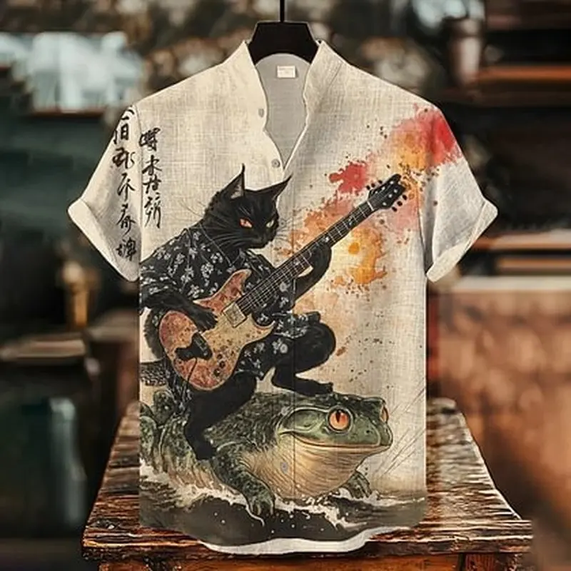 QICHE Men Short Sleeve Hawaiian Shirt Ukiyo-e Art 3D Digital Print Casual Summer Vacation Loose Blouse