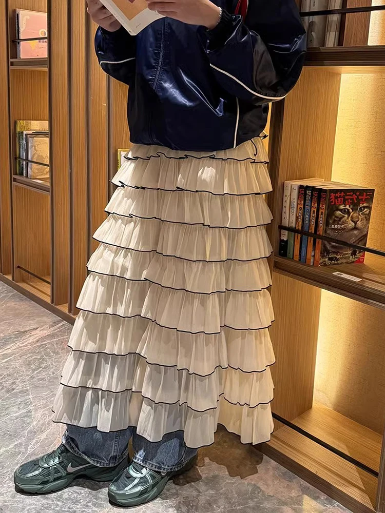 

Wedbleser 2025 Women Skirt Korean Chic Summer Retro Layered Contrasting High Waisted Pleated Ruffled Cake Midi Long Skirts