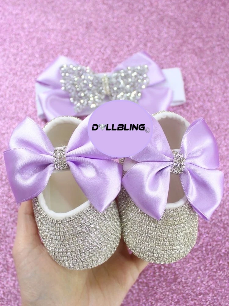 Dollbling Ivory Christening Baby Bowknot Rhinestone Toddler Infant Kids Baby Girls Soft Sole Shoes with Headband 0-1y Outfit