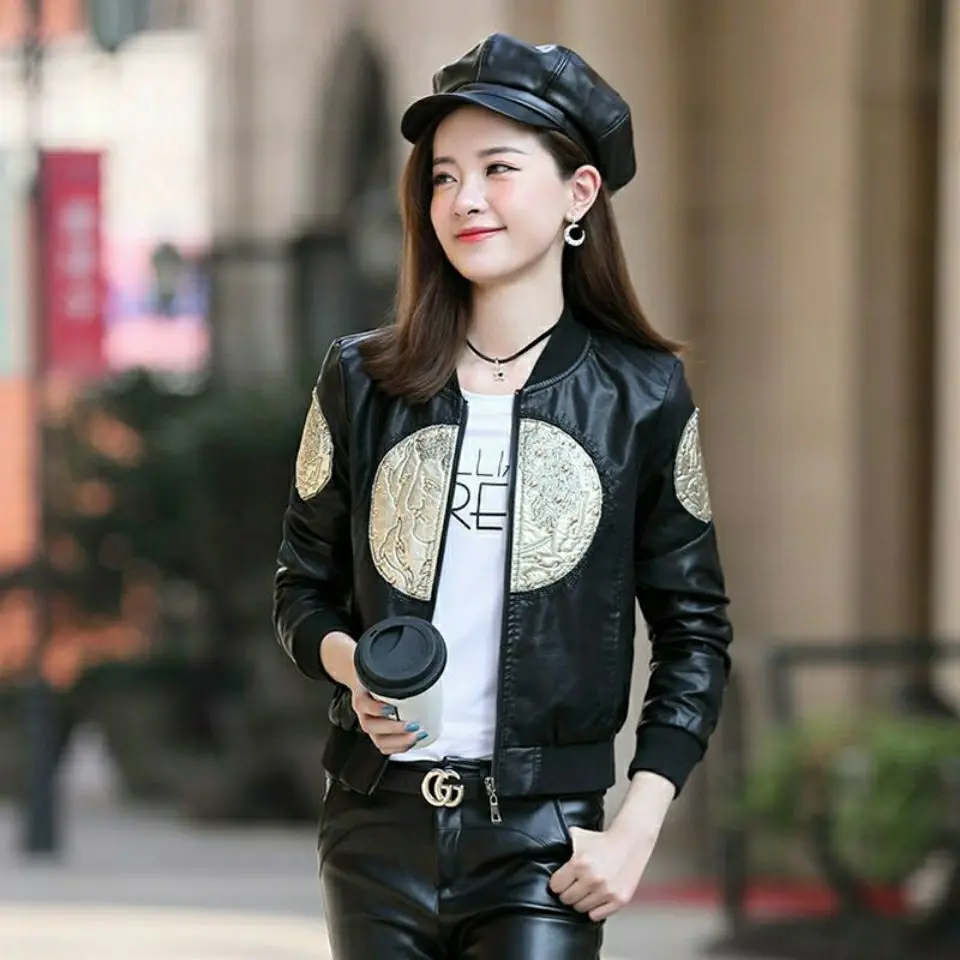 Women's Embroidered Leather Jacket, Baseball Jersey, Casual Fashion, Heavy Industry, Spring, Autumn, New, 2024