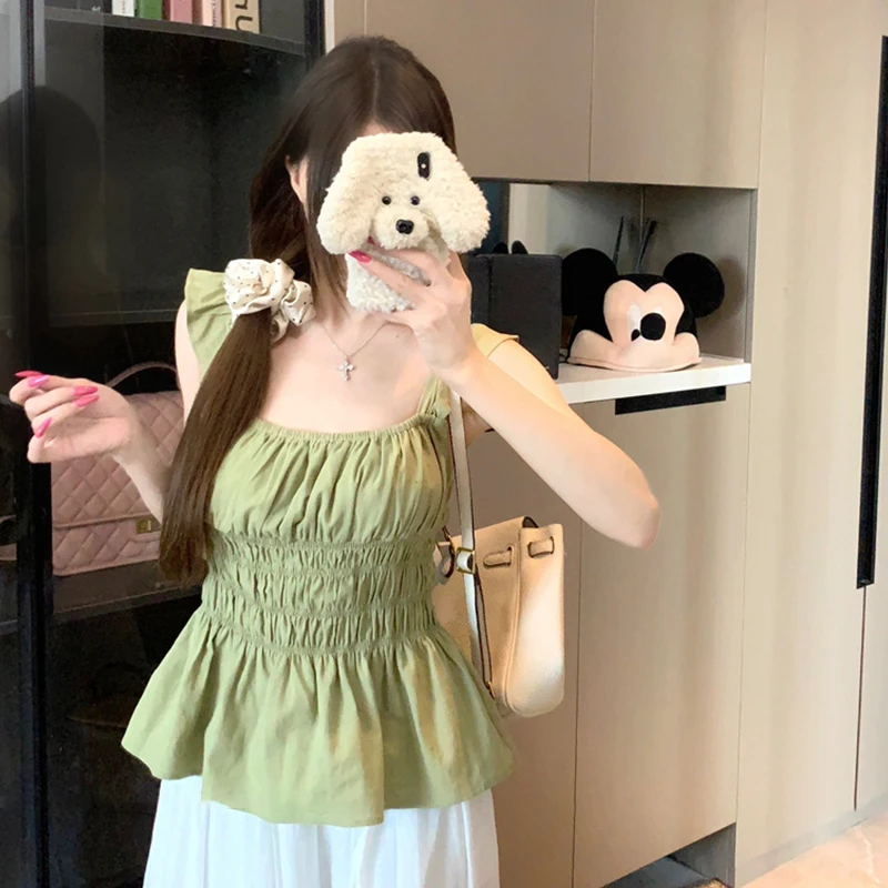 

Sweet Sleeveless Ins Vest Summer Women Casual Holiday Square Collar Pleated Waist Tops