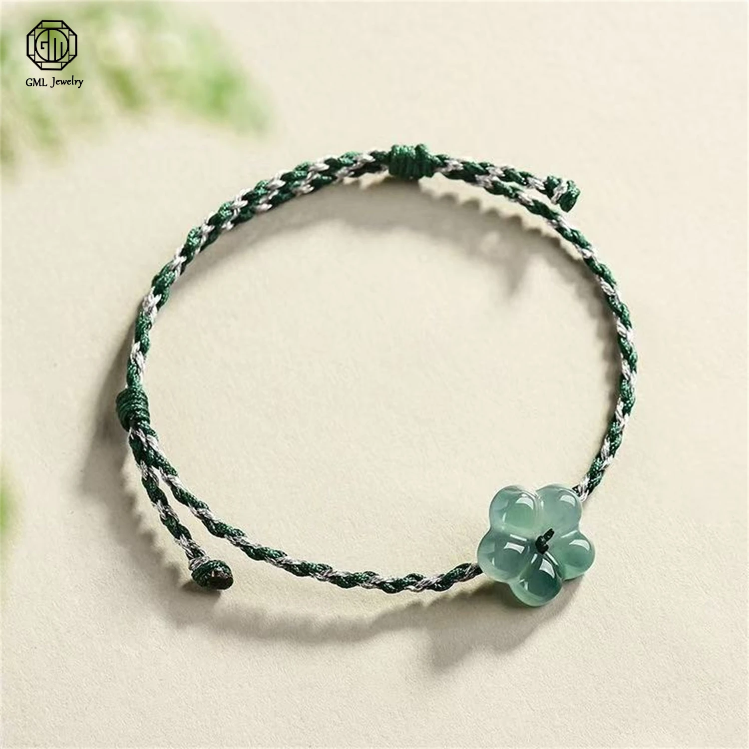 Natural Grade A Jadeite Blue Water Peach Blossom Wealth Flower Handmade Braided Couple Bracelet Unisex Men Women Jewelry Gift