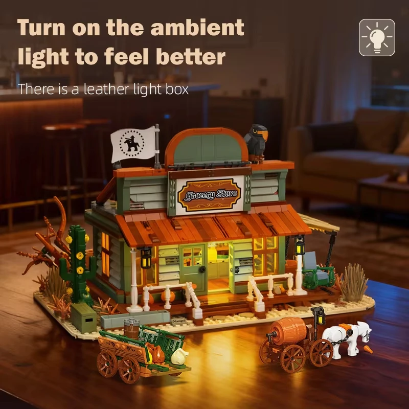 Westerse Smid Winkel Bouwstenen Kit MOC Middeleeuwse Straatbeeld Kruidenier met Vervoer Model Bakstenen Diy Speelgoed Kids Gift