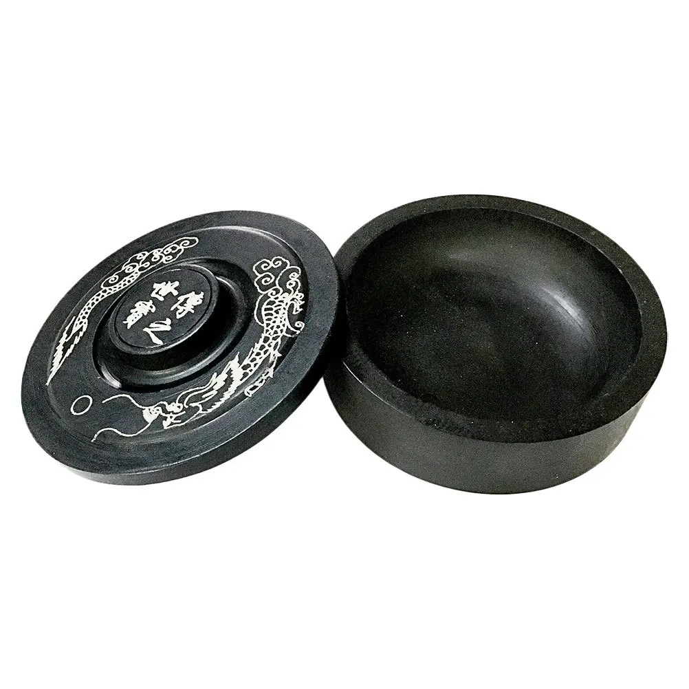 

Round Luowen Covered Inkstone Black High-Quality Durable Traditional Writing Painting Calligraphy Tool Students Inkslab Grinding