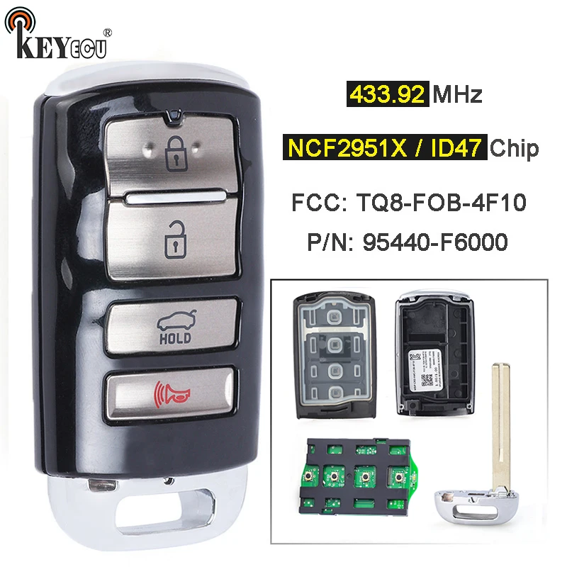 

KEYECU 433MHz ID47 Chip FCC ID: TQ8-FOB-4F10 P/N: 95440-F6000 4 Buttons Smart Remote Car Key Fob for Kia Cadenza 2017 2018 2019