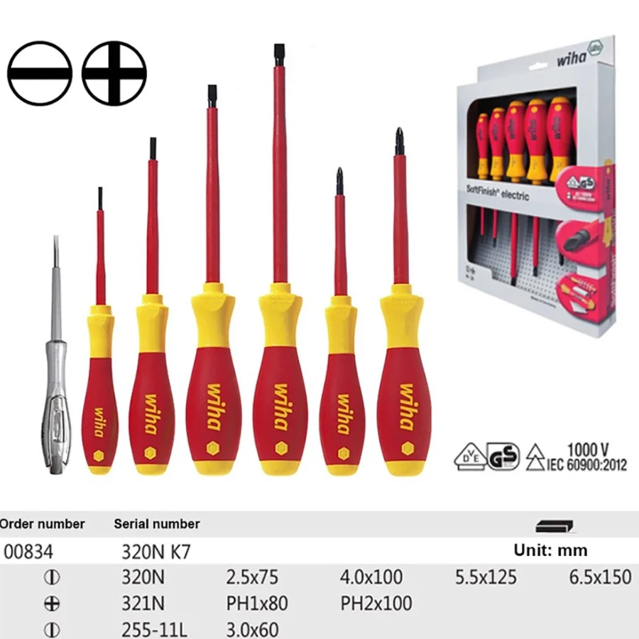 WIHA 00834 7 Pcs SoftFinish® VDE Precision Screwdriver Set Slotted Phillips Screwdriver Voltage Tester Hand Tools