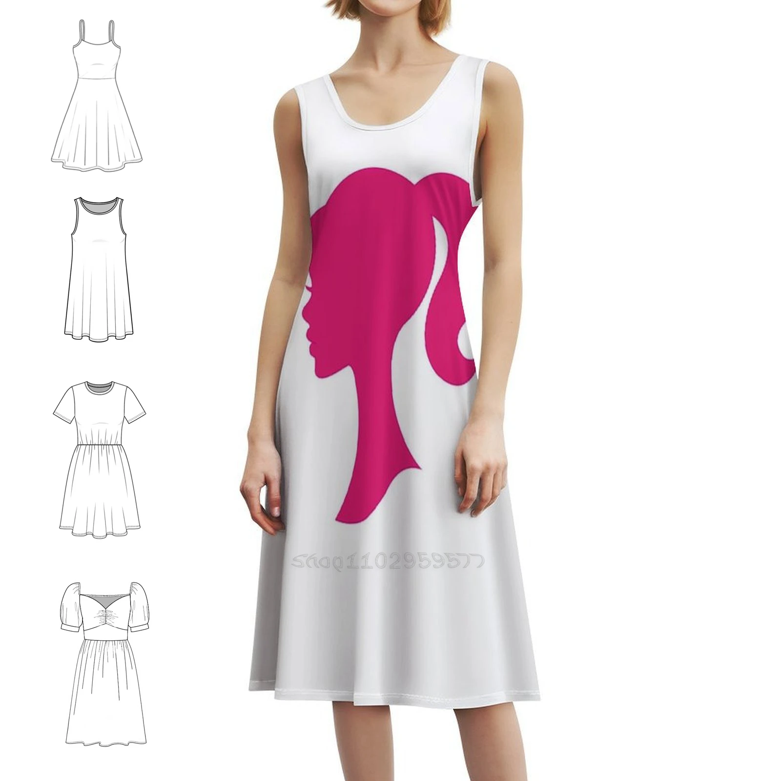 Silhouette Bohemian Sleeveless Dress For Women Print Beach Party Dresses Pink Silhouette Party Dresses