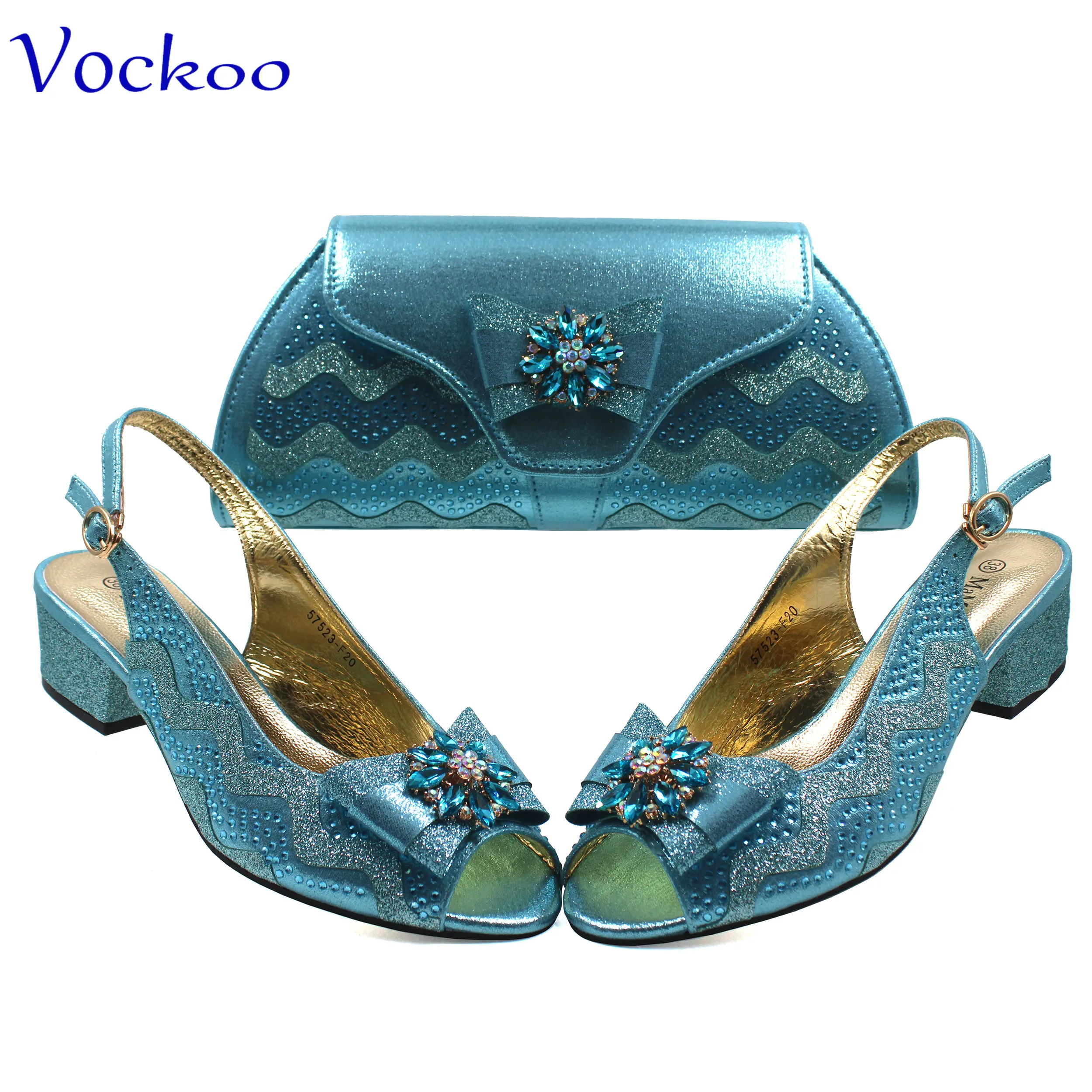 Elegant Ladies Shoes Matching Bag Set in Sky Blue Color Slingbacks Peep Toe Low Heels Fashion New Design Italian for Wedding