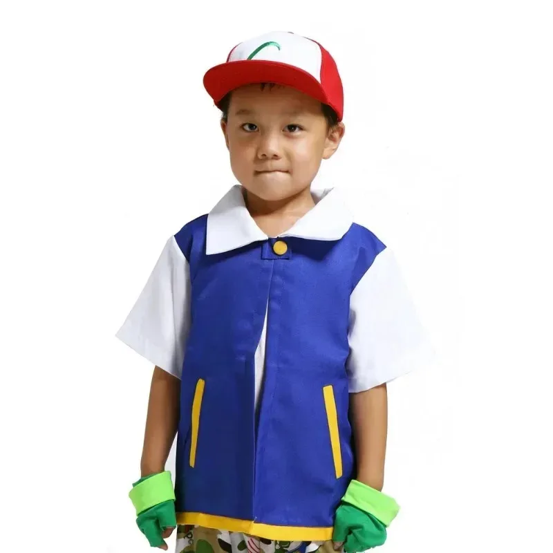 Anime Little Wisdom Elf Ball carnival Costume Ash Ketchum P-Poke Kids Cosplay Costume Halloween Boys Blue Jacket Gloves Hat SETb