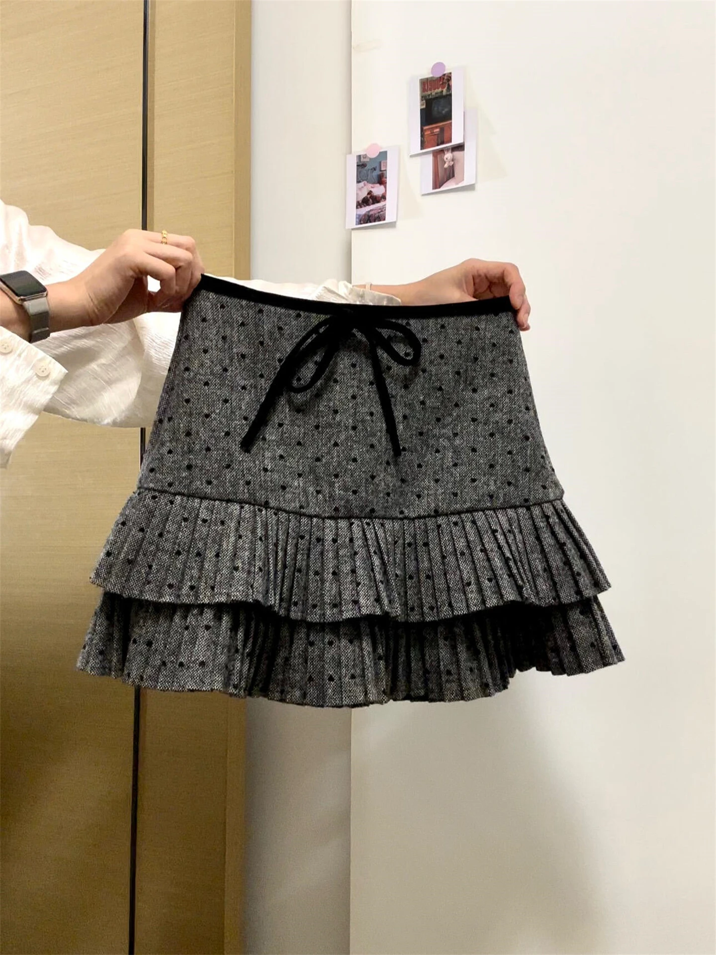 Gray Polka Dot Woolen Halter Skirt Women's  Knot Lace Hem Cake Skirt Slimming Short Skirts Casual Style High Waist A...