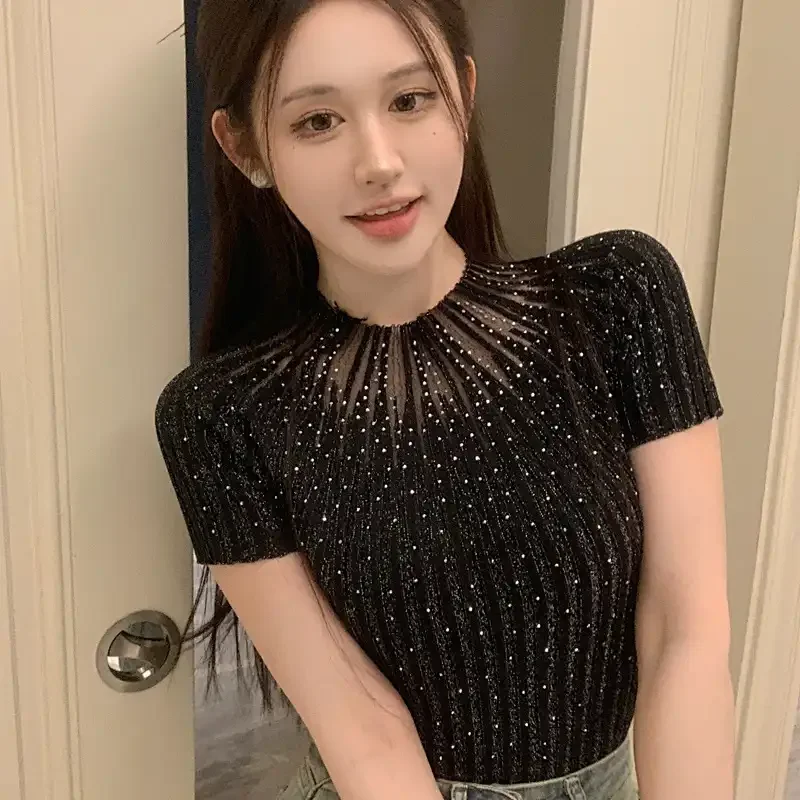 

Elegant Sparkling Short Sleeve Top For Women With Rhinestone Detailing Party Night Out Wear