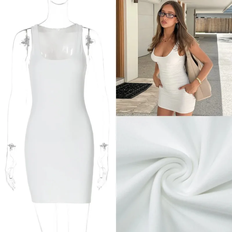 

Women Summer U Neck Bodycon Mini Dress Sexy Sleeveless Solid Color Slim Fit Tank Style Tight Hip Short Dress Fashion Streetwear