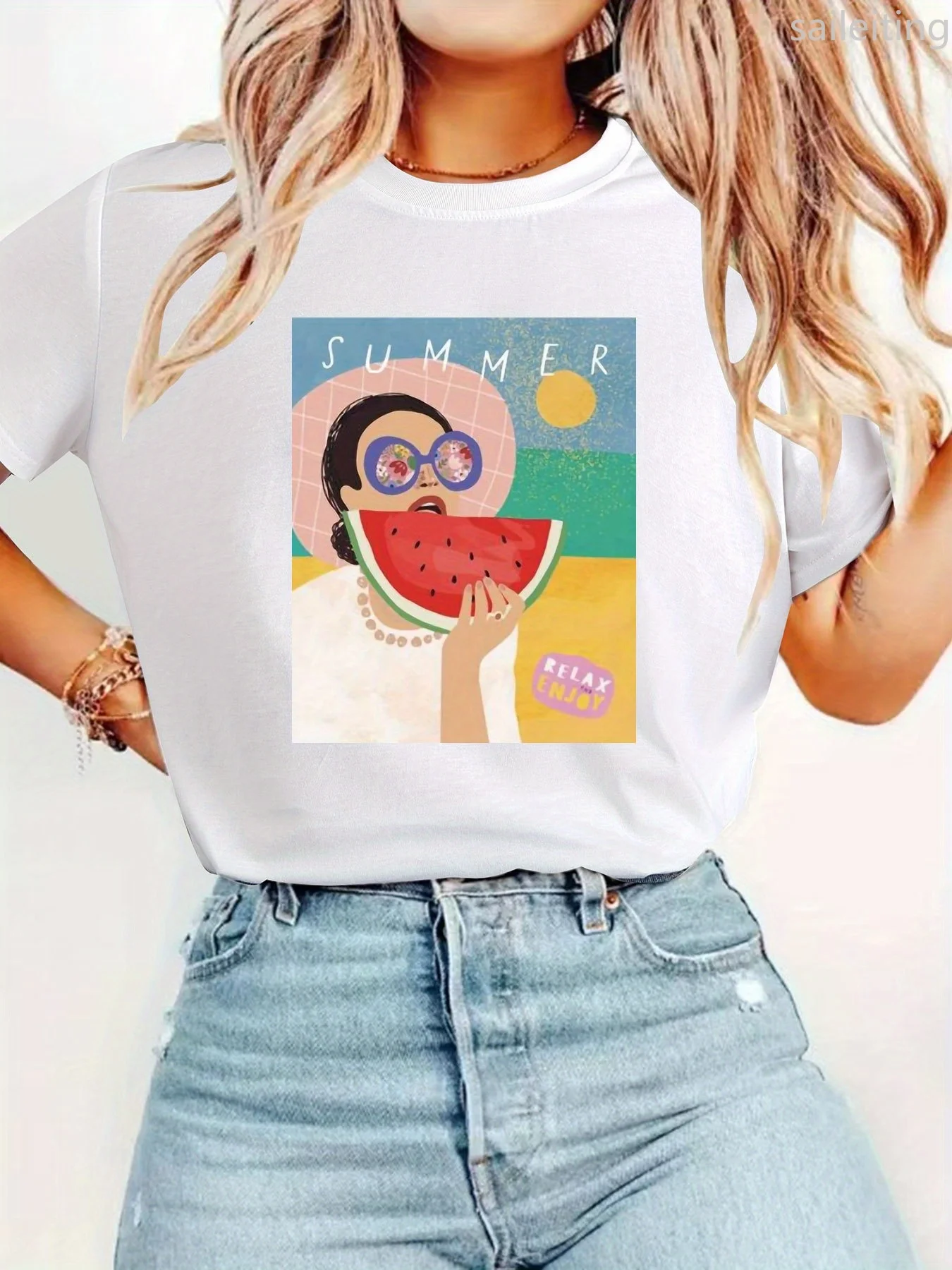 

Женская черная чистая футболка, дышащая летняя с рисунком арбуза, повседневная повседневная рубашка для женщин с круглым вырезом, свободные стили