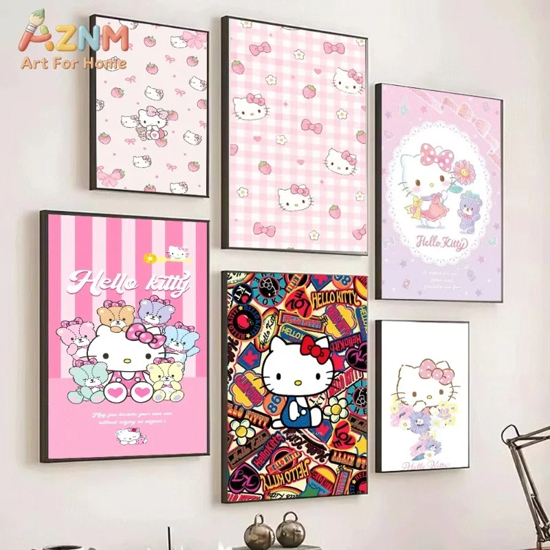 Hello Kitty Canvas Poster Cute Sanrio Cartoon Print Unframed Canvas Art Camera Butterfly Heart Sweet Kawaii Aesthetic Wall De