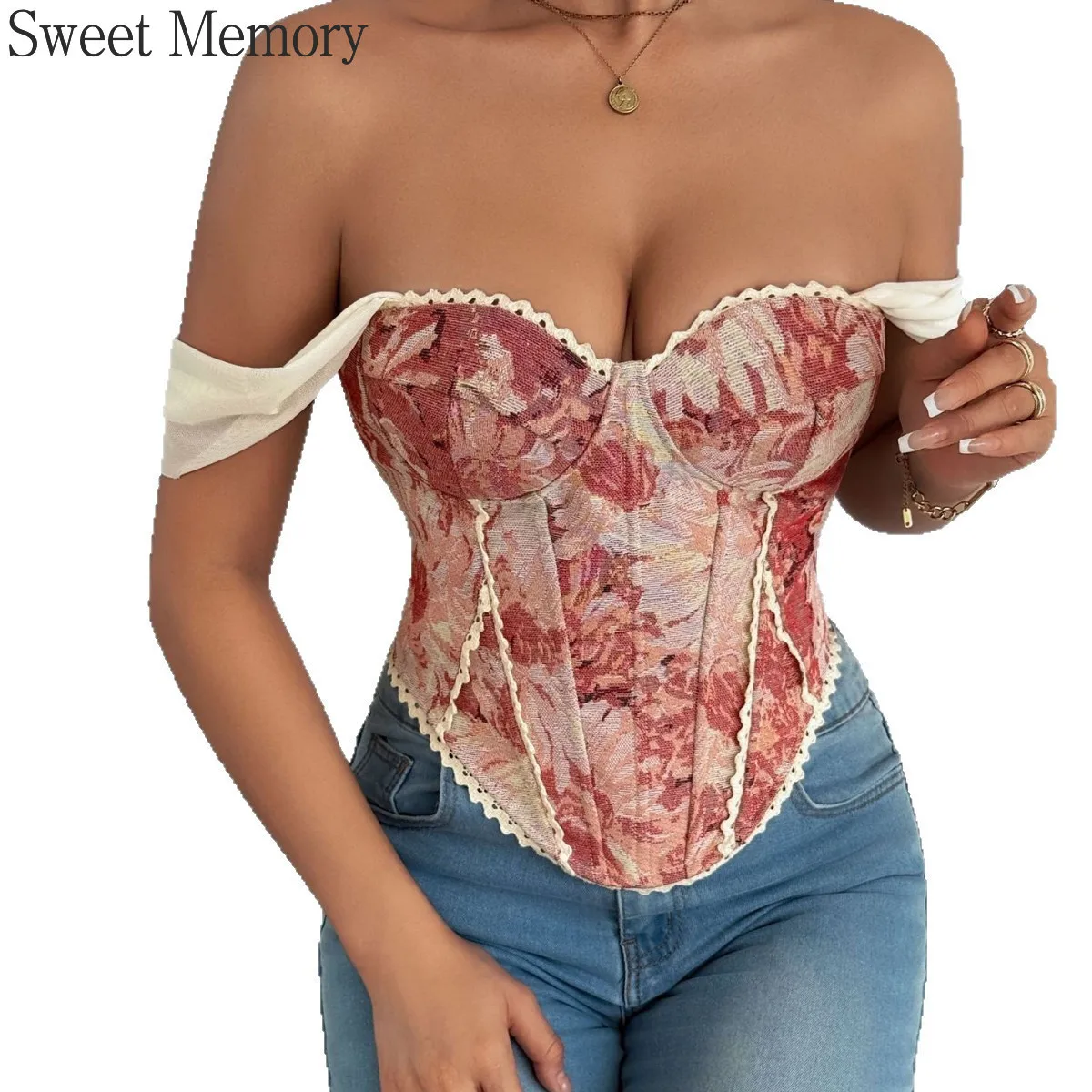 S937 Sweet Memory Breast Hugging Corset Vest Fashion Party Dress Plants Flowers Pattern Tops for Women Clothes