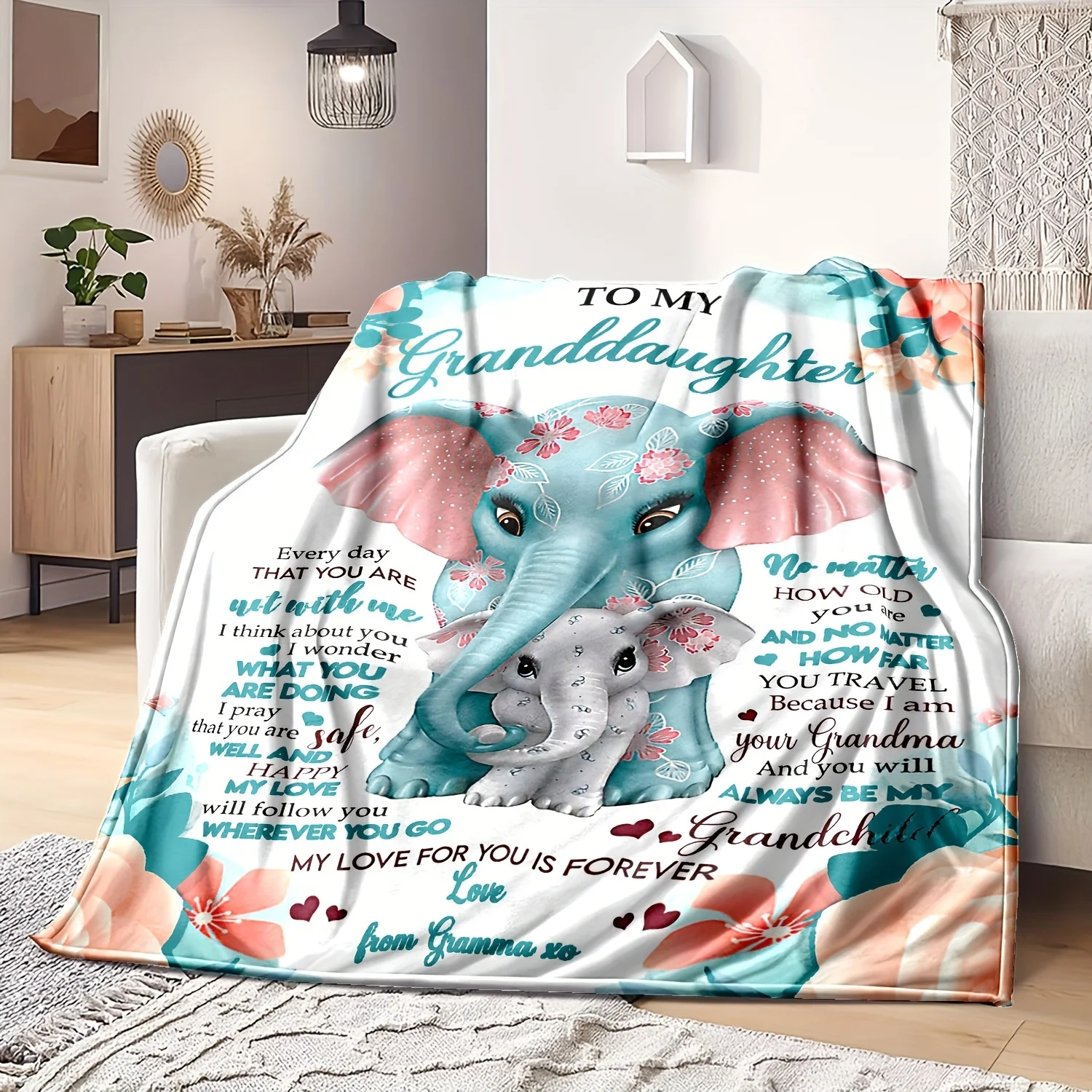 祖母から孫娘へ 象柄フランネルスローブランケット - 快適でアレルギー対応、心からのメッセージ、オールシーズン対応、洗濯機で洗えます