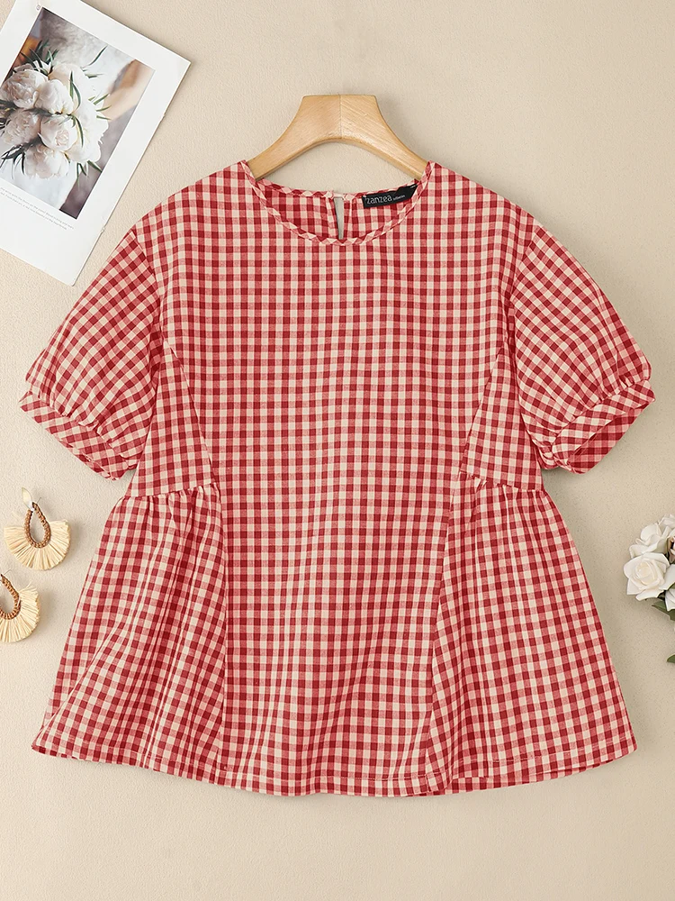 2025 verão feminino topos zanzea casual o pescoço camisa solta xadrez blusa plissada mujer femme manga curta blusas oversize