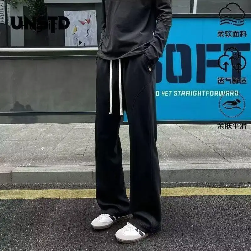 Mens Grey Straight Curved Sweatpants With Fleece Lining For Autumn And Winter Good Drape American Cut Design Casual Flared Trou