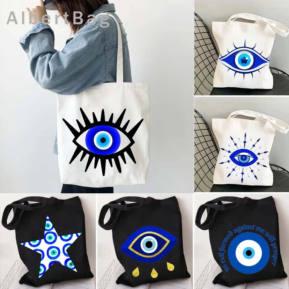 

Colorful Evil Eye Psychedelic Blue Green Fashion Canvas Shopping Tote Bags Hamsa Amulet Shoulder Harajuku Shopper Cotton Handbag